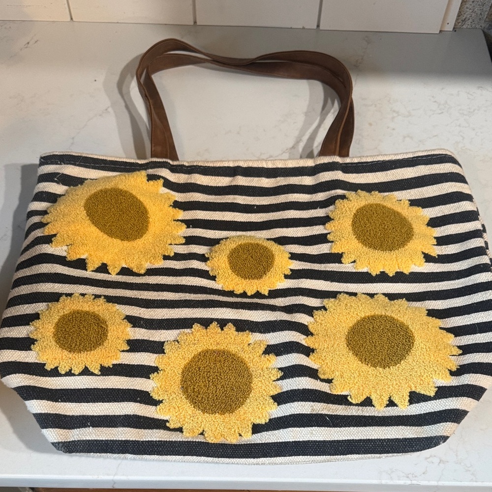Striped Canvas Sunflower Tote Bag